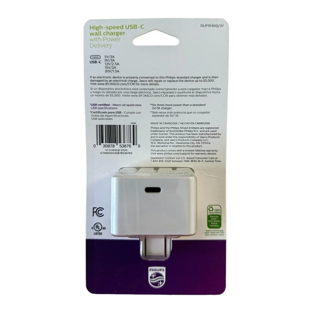 Philips High-speed USB-C Wall Charger w/Power Delivery 30W - White 6X More Power